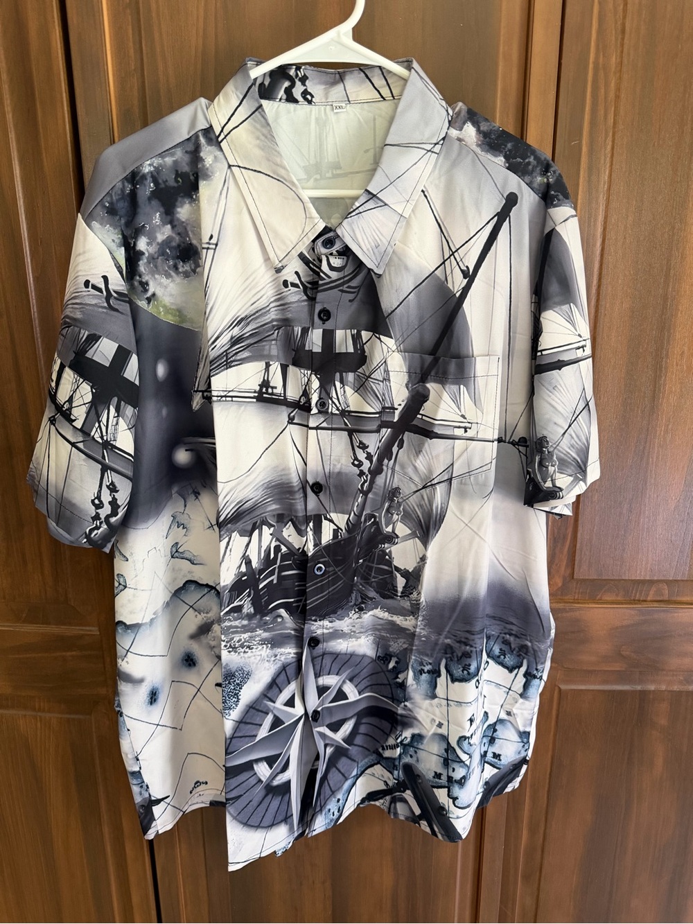 Casual Short Sleeve Button-Down Shirt in Black & White Nautical Print